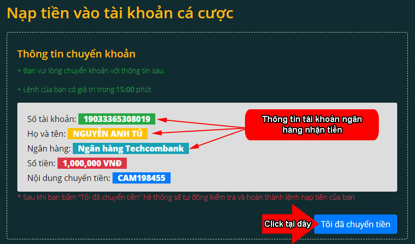 Chuyển tiền vào tài khoản ngân hàng nhận tiền